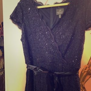 Long lace sequin formal gown with ribbon belt